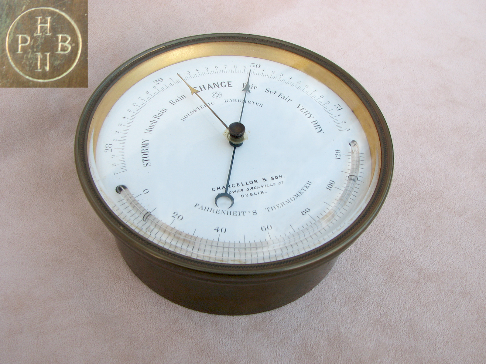 19th Century Holosteric Barometer & Thermometer signed Chancellor & Son, Dublin.
